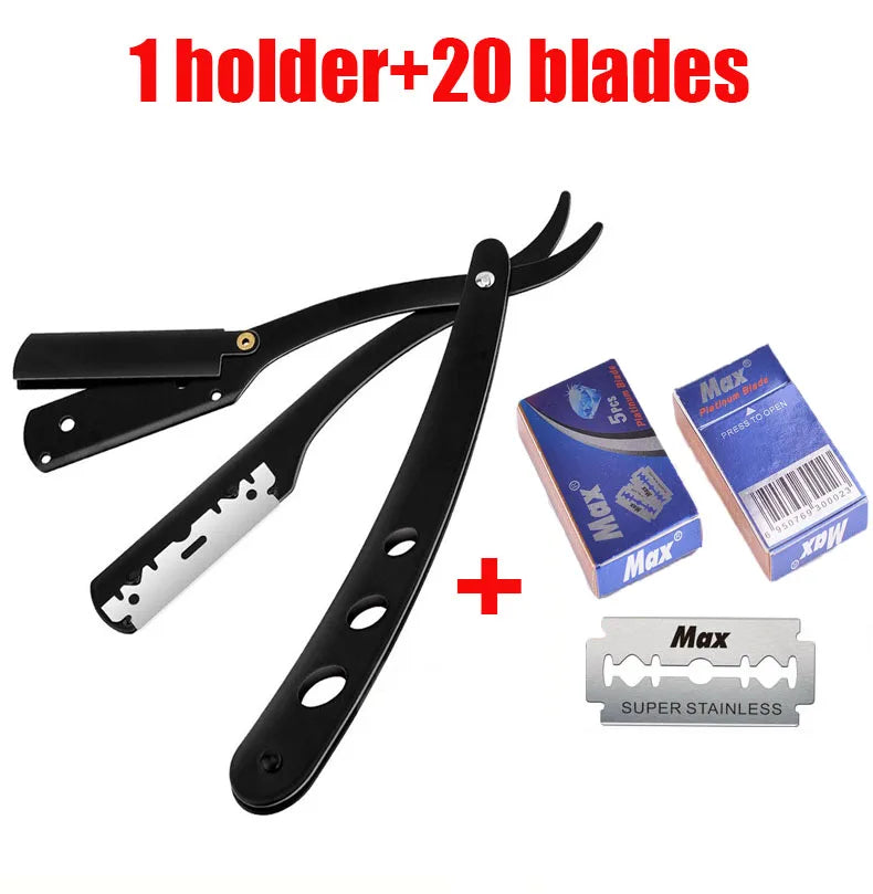 (1 suporte + 10/20 lâminas) Braço de barbear reto, barbeador manual dobrável masculino, barbeador masculino, lâmina afiada para barbearia