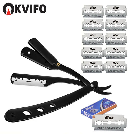 (1 suporte + 10/20 lâminas) Braço de barbear reto, barbeador manual dobrável masculino, barbeador masculino, lâmina afiada para barbearia