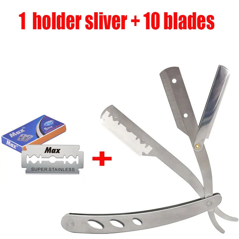 (1 suporte + 10/20 lâminas) Braço de barbear reto, barbeador manual dobrável masculino, barbeador masculino, lâmina afiada para barbearia