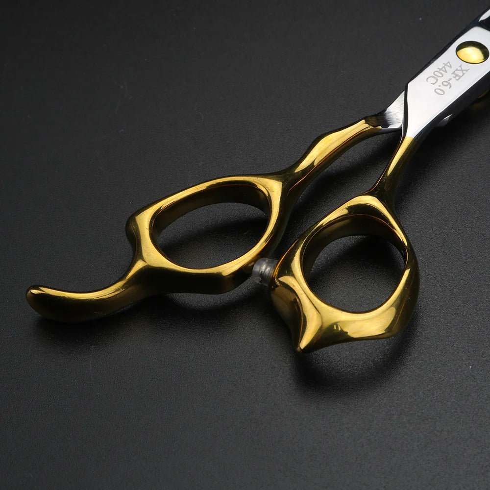 XUANFENG Gold Handle Hair Scissors 9cr18 Steel Gold Screws 6-inch Barber Cutting Scissors and Thinning Scissors Set