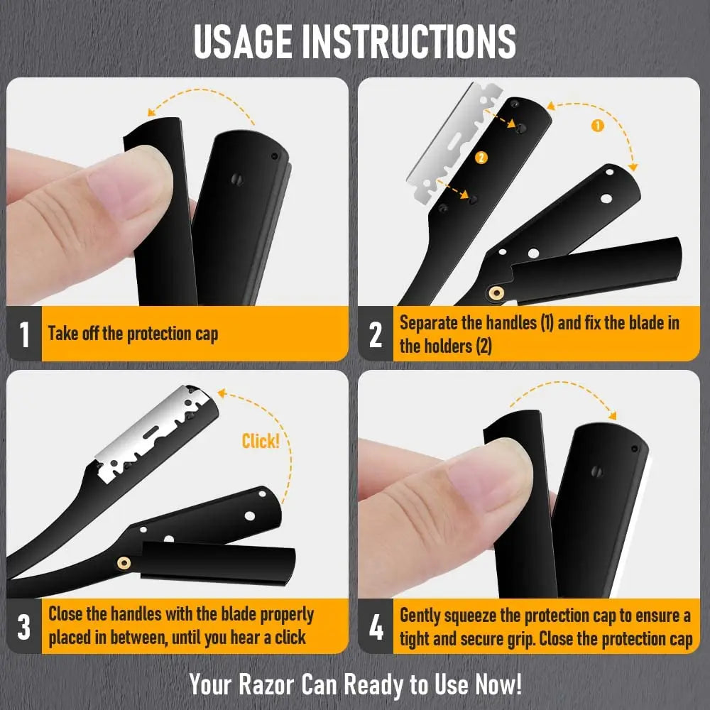 (1 suporte + 10/20 lâminas) Braço de barbear reto, barbeador manual dobrável masculino, barbeador masculino, lâmina afiada para barbearia