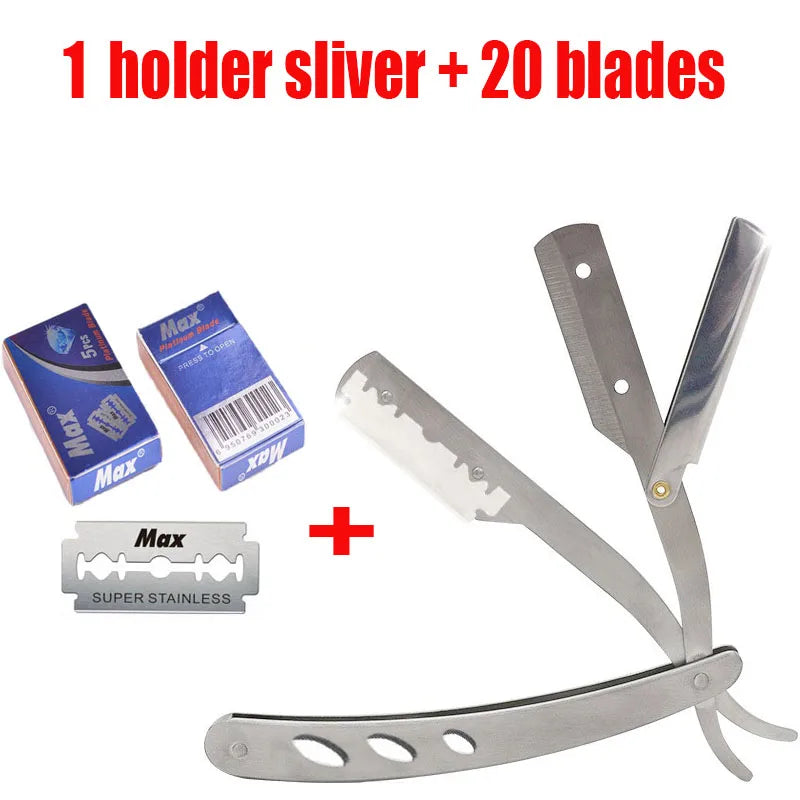 (1 suporte + 10/20 lâminas) Braço de barbear reto, barbeador manual dobrável masculino, barbeador masculino, lâmina afiada para barbearia