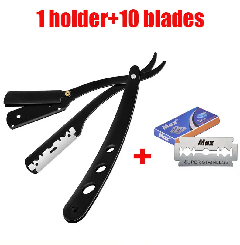 (1 suporte + 10/20 lâminas) Braço de barbear reto, barbeador manual dobrável masculino, barbeador masculino, lâmina afiada para barbearia